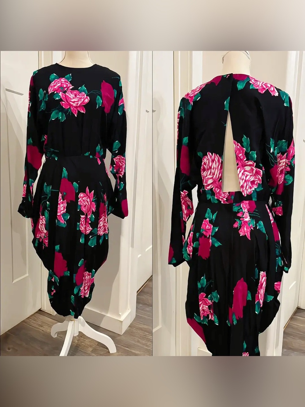Vintage 80s Samantha Black Floral Open Back Midi Dress Romantic Goth Victorian L